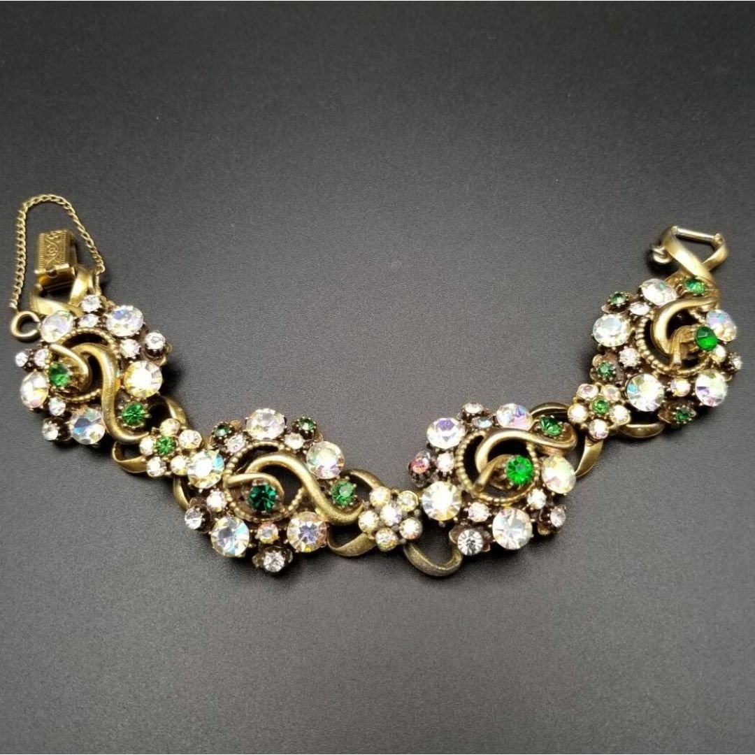 50\'60\'s FLORENZA オーロララインストーン スパークル フラワー ヴィンテージ ブレスレット ゴール色 幅広 フローラル 緑/クリア石 Y17-F